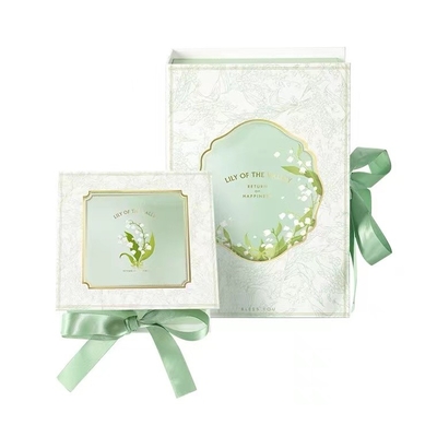 Green Perfume Cosmetic Gift Cardboard Boxes With Ribbon Handmade